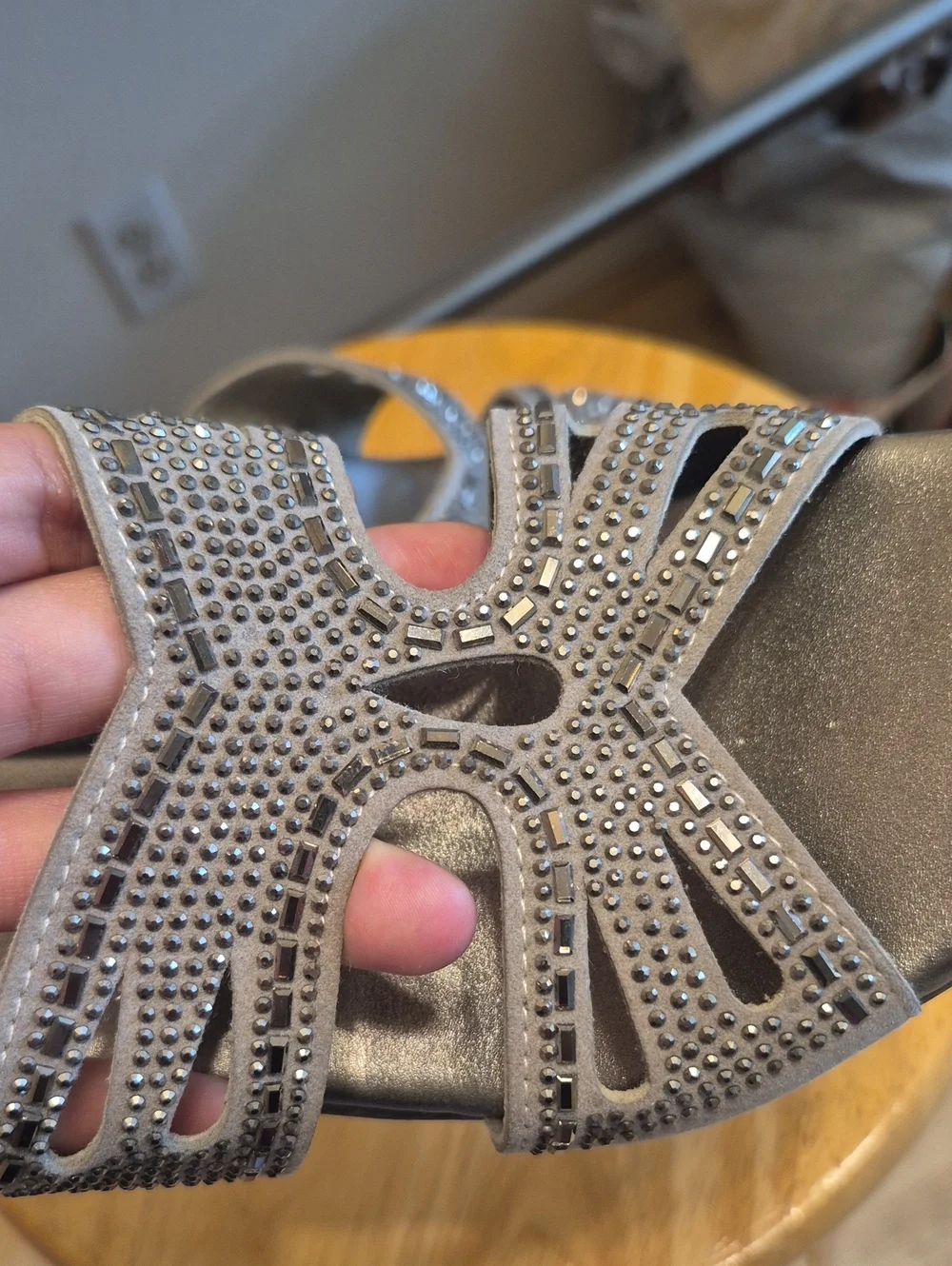 Selex Gray Beddazzled Wedge Heels